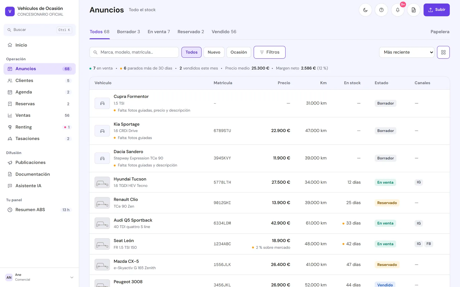 Stock del panel demo en tabla: cada coche con precio, kilómetros, días en stock y estado; a cada borrador le dice qué le falta