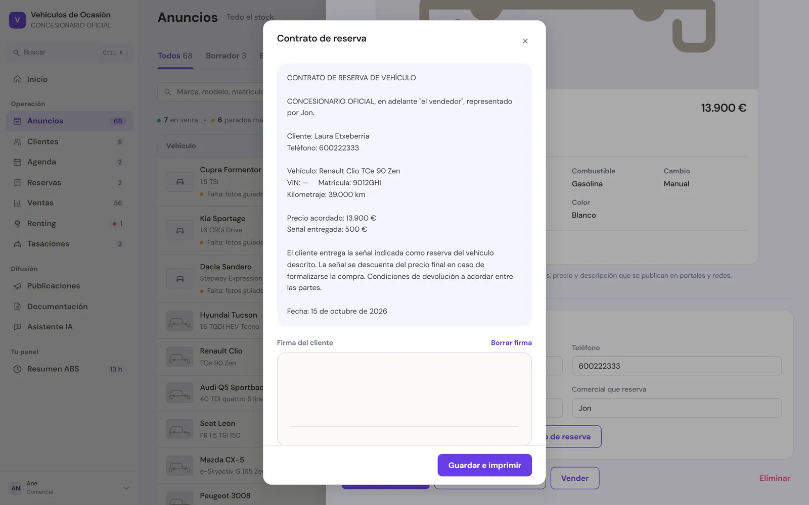Contrato de reserva generado desde la ficha del panel demo, con los datos del coche y del cliente y la firma en pantalla